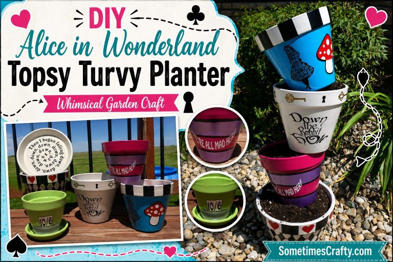 DIY Alice in Wonderland topsy turvy planter made with painted clay pots stacked in a whimsical garden display
