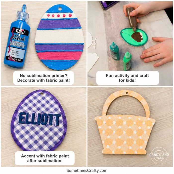 Collage showing felt air freshener blanks decorated with fabric paint, including striped, painted, sublimated, and basket-shaped felt blanks.