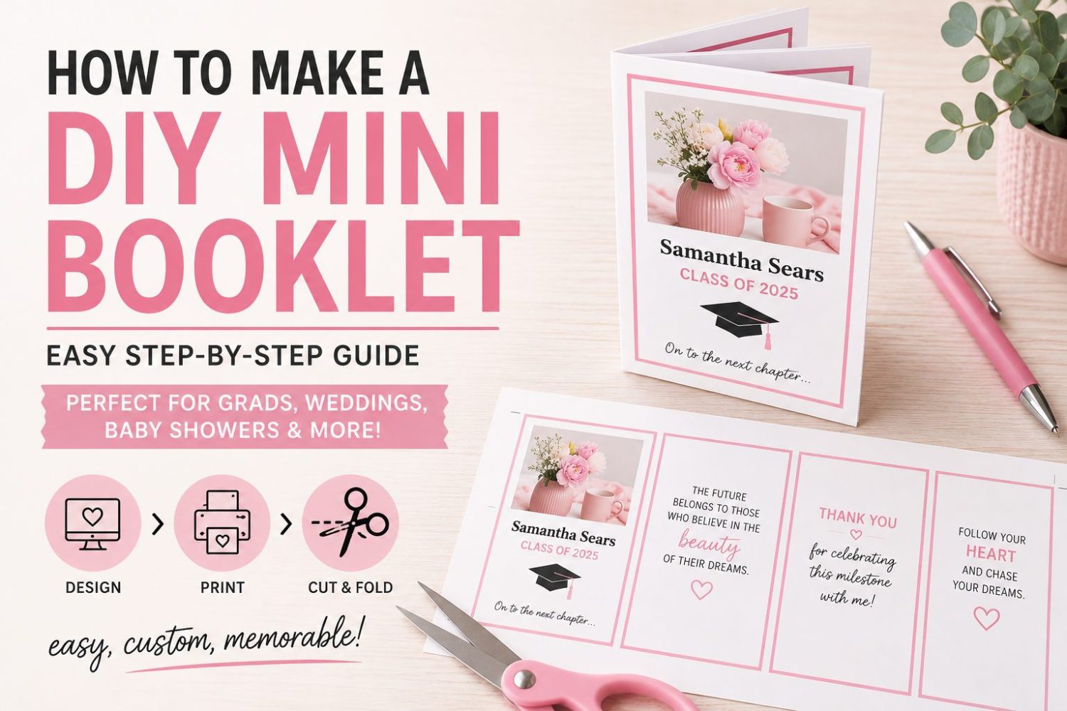 DIY mini booklet tutorial with a finished pink graduation booklet and printable eight-panel page layout on a craft table.