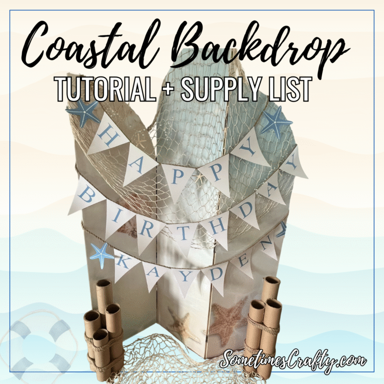 Coastal birthday party backdrop with DIY printable bunting banner and tutorial supply list text overlay.