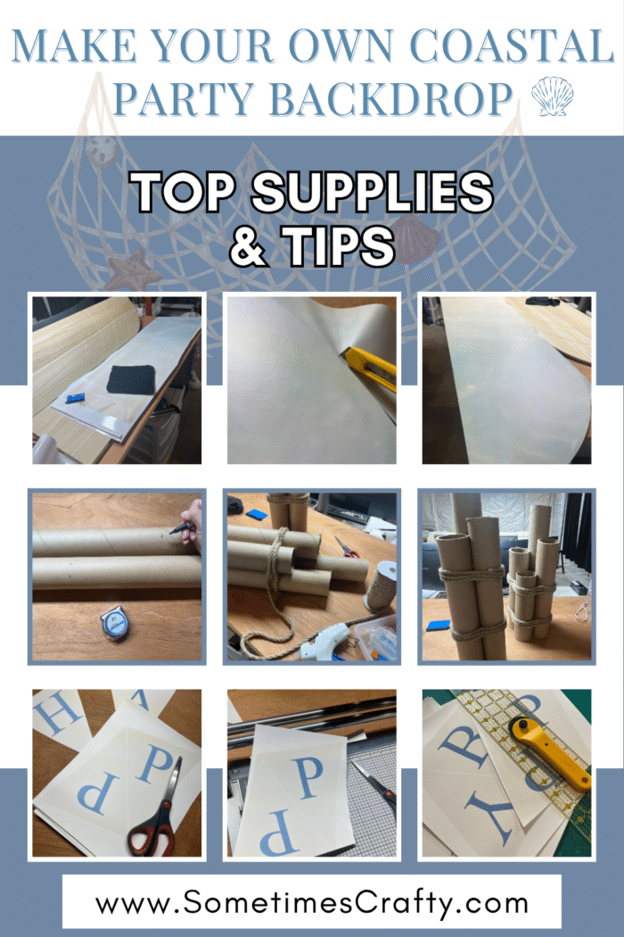 Photos of supplies and process to create a coastal party backdrop with rope, cardboard tubes, and printable banner.