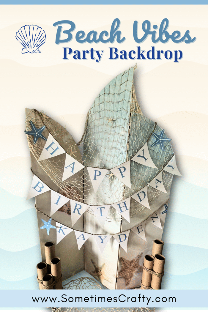 Beach vibes birthday party backdrop with printable Happy Birthday bunting banner and coastal themed decorations.