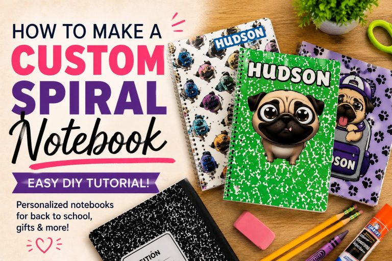 Three personalized spiral notebooks with custom printable covers displayed with school supplies, featuring a DIY back-to-school notebook tutorial from Sometimes Crafty.