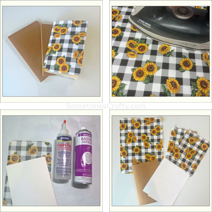 steps for preparing fabric and kraft journal for a no sew journal cover