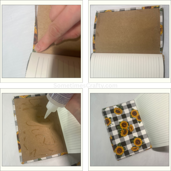 steps for attaching fabric to a journal cover without sewing