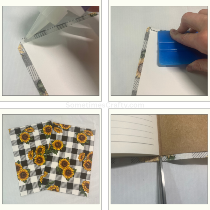 steps for folding fabric edges and corners on a no sew journal cover