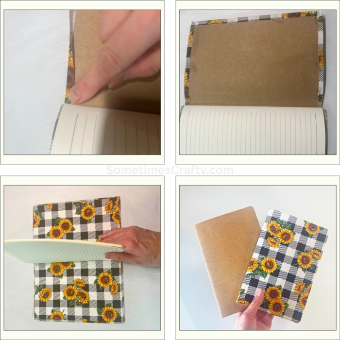 steps for finishing the inside of a no sew fabric covered journal