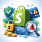 Illustration of a Shopify shopping bag surrounded by security icons, a credit card warning, padlock, shield, and magnifying glass symbolizing Shopify credit card fraud prevention.