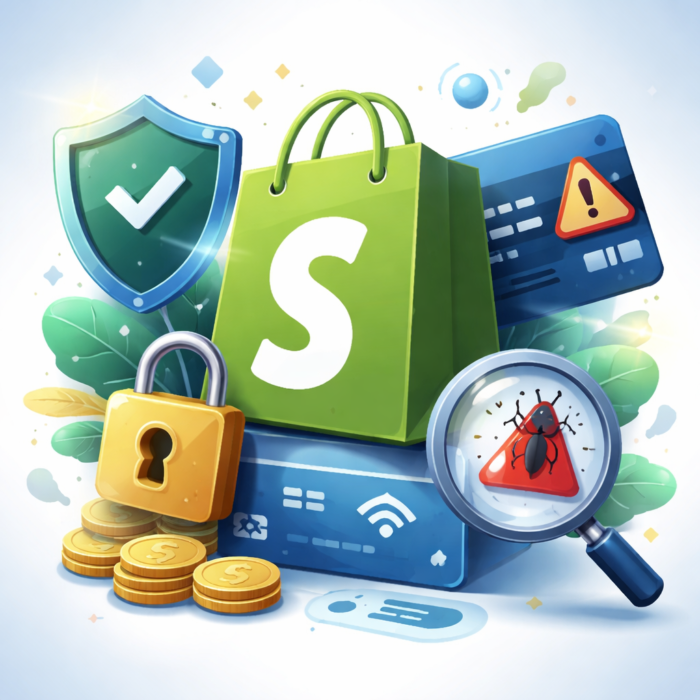 Illustration of a Shopify shopping bag surrounded by security icons, a credit card warning, padlock, shield, and magnifying glass symbolizing Shopify credit card fraud prevention.