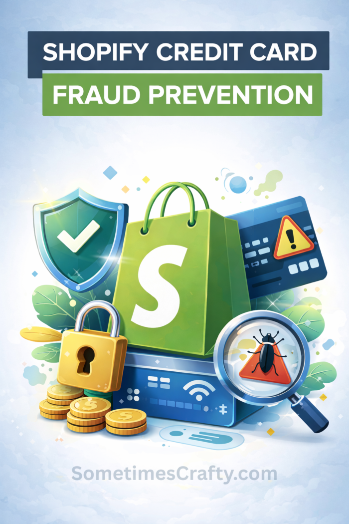Vertical Pinterest graphic showing Shopify credit card fraud prevention, with security shields, a locked payment icon, fraud warning symbols, and a Shopify shopping bag.
