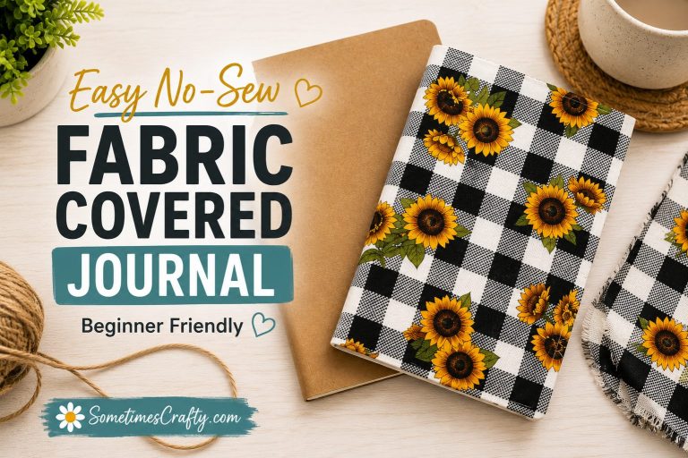 Featured image showing a plain kraft journal beside a finished sunflower fabric-covered journal with the title "Easy No-Sew Fabric Covered Journal (Beginner Friendly)." DIY tutorial from SometimesCrafty.com.