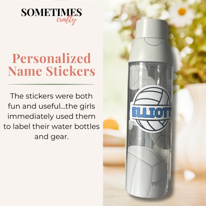 Personalized name stickers for volleyball players used to label water bottles and gear.