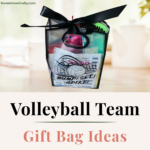 Volleyball team gift bag ideas featuring a clear gift bag filled with fun end of season gifts including volleyball items, accessories, and team goodies for players.