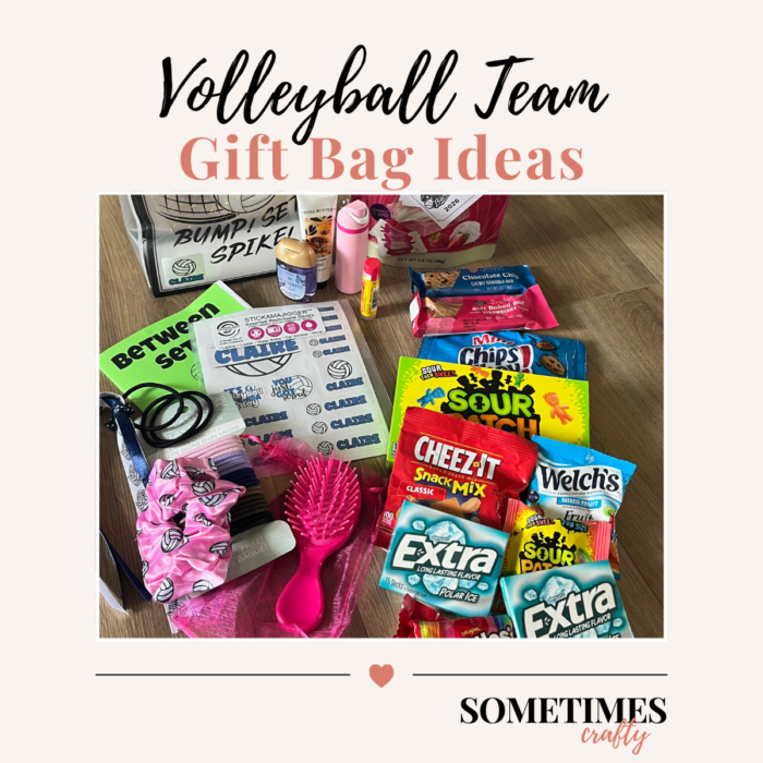 Volleyball team gift bag ideas image showing snacks, hair accessories, personalized stickers, lip balm, and fun gifts arranged beside a volleyball gift bag.
