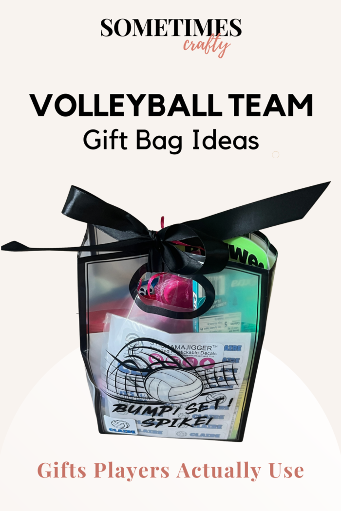 Pinterest pin for volleyball team gift bag ideas featuring a player gift bag with snacks, accessories, and practical gifts players actually use.