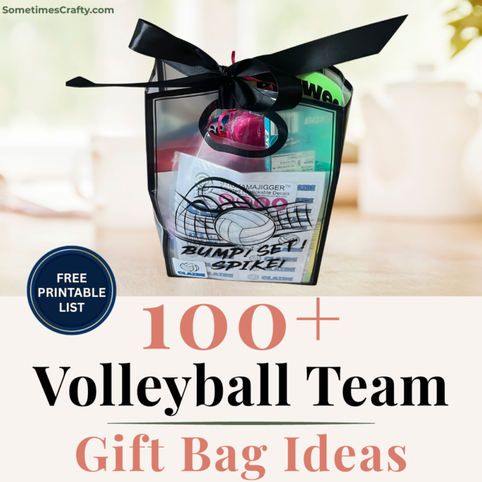 Volleyball team gift bag filled with snacks, beauty items, volleyball accessories, and team gifts with text reading “100+ Volleyball Team Gift Bag Ideas” and free printable list.