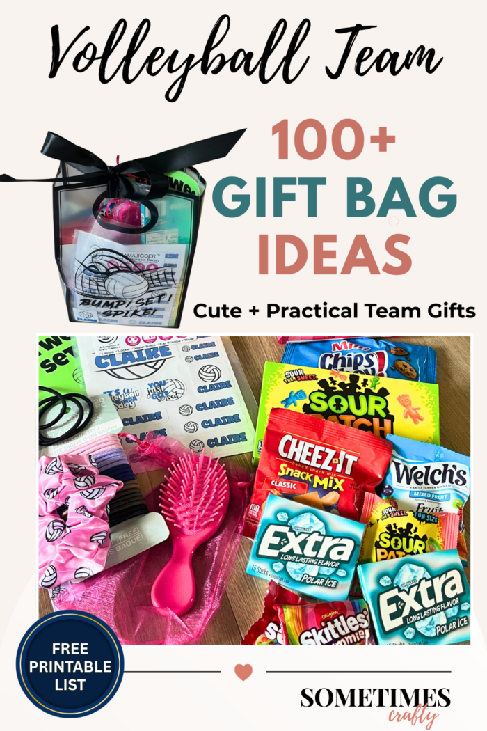 Pinterest graphic featuring 100+ volleyball team gift bag ideas with snacks, self-care items, team spirit gifts, and a free printable sign up sheet for volleyball teams, tournaments, senior night, and team celebrations.
