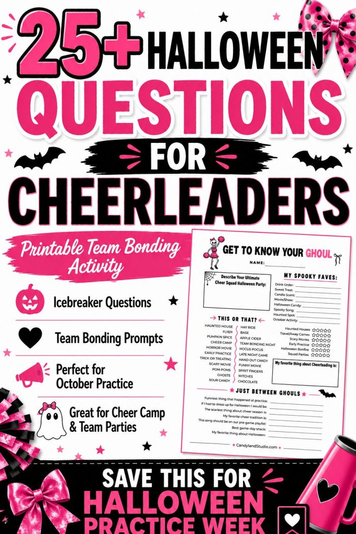 Halloween cheerleading team bonding printable featuring 25+ Halloween questions for cheerleaders. Pink, black, and white design with bows, pom poms, bats, and a worksheet preview. Includes icebreaker questions, team bonding prompts, and activities for October cheer practices, camps, and team parties.
