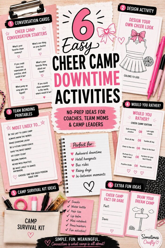Vertical Pinterest collage pin featuring printable cheer camp activities including conversation starter cards, team bonding printables, Would You Rather games, Design Your Own Cheer Look worksheets, camp survival kit ideas, notebooks, clipboards, pens, and paper textures in a pink, black, and white scrapbook-style layout. Large headline reads “6 Easy Cheer Camp Downtime Activities” with supporting text “No-Prep Ideas for Coaches, Team Moms & Camp Leaders”
