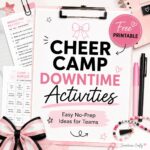 Square blog cover image for “Cheer Camp Downtime Activities” featuring a modern scrapbook-style design with soft pink, black, and white colors. The graphic includes the text “Easy No-Prep Ideas for Teams,” a pink “Free Printable” badge, printable cheer activity sheets, a clipboard, pens, friendship bracelets, notebook textures, and subtle cheer bow doodles with a small “Sometimes Crafty” watermark in the corner.