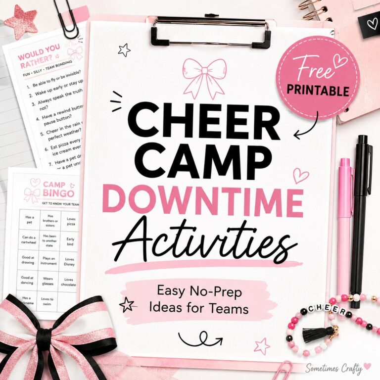 Square blog cover image for “Cheer Camp Downtime Activities” featuring a modern scrapbook-style design with soft pink, black, and white colors. The graphic includes the text “Easy No-Prep Ideas for Teams,” a pink “Free Printable” badge, printable cheer activity sheets, a clipboard, pens, friendship bracelets, notebook textures, and subtle cheer bow doodles with a small “Sometimes Crafty” watermark in the corner.