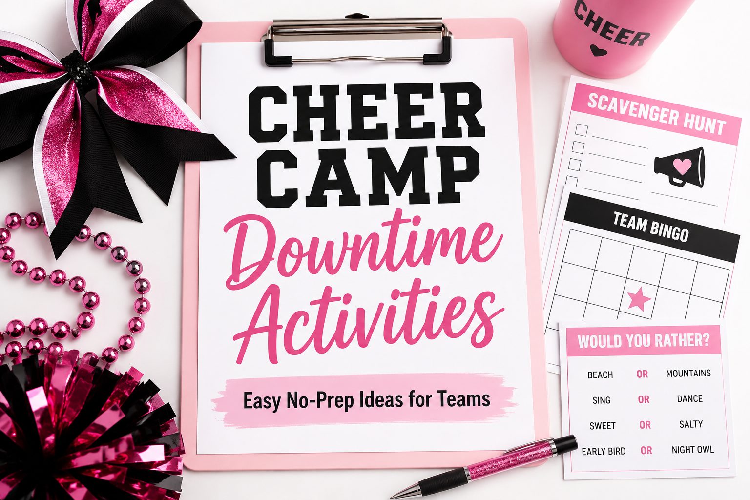 Pink and black cheer camp graphic featuring easy no-prep downtime activities for teams, with team bingo, scavenger hunt and would-you-rather printables.