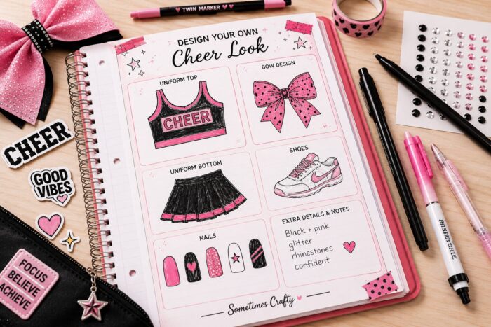 Desk scene showing a partially completed “Design Your Own Cheer Look” printable activity sheet with doodled cheer uniforms, bows, shoes, and nail designs in pink and black. The setup includes markers, gel pens, stickers, notebook paper, and cheer-themed accessories in a modern scrapbook-style cheer camp aesthetic.