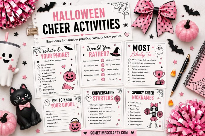 Flat lay collage of Halloween cheer printable activities including What's On Your Phone, Would You Rather, Most Likely To, Conversation Starters, Spooky Cheer Nicknames, and Get to Know Your Ghoul with pink cheer props and Halloween decorations.
