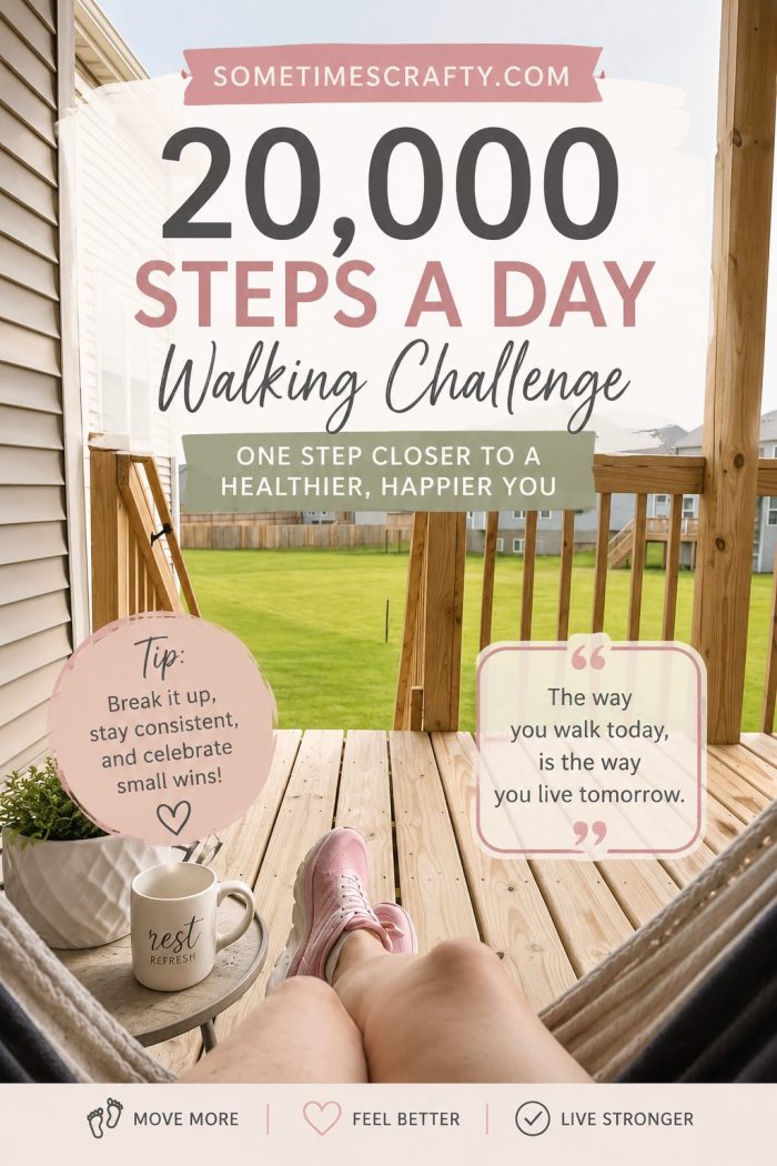 Woman relaxing in a hammock chair on a backyard deck after walking 20,000 steps a day, enjoying a peaceful evening and celebrating a daily fitness goal.