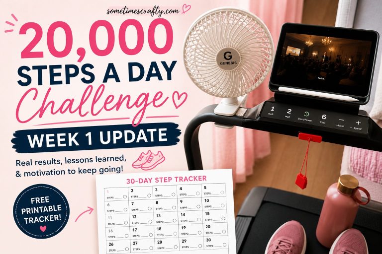 Featured image for a 20,000 Steps a Day Challenge Week 1 Update blog post featuring an indoor walking pad setup and a free printable 30-day step tracker.