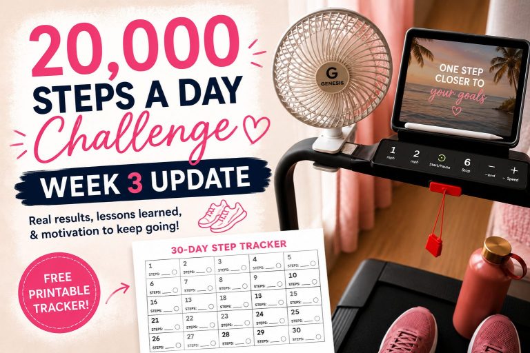 Featured image for a 20,000 Steps a Day Challenge Week 3 Update blog post featuring an indoor walking pad with a clip-on fan, iPad displaying a motivational message, reusable water bottle, free printable 30-day step tracker, and text highlighting Week 3 progress and walking motivation.