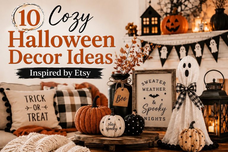 Cozy Halloween living room decorated with pumpkins, lanterns, ghost décor, and rustic farmhouse accents with the text "10 Cozy Halloween Decor Ideas – Inspired by Etsy."