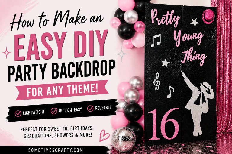 Featured blog image for a DIY party backdrop tutorial showing a black, pink, and silver Sweet 16 backdrop with the headline "How to Make an Easy DIY Party Backdrop for Any Theme." The graphic highlights that the backdrop is lightweight, quick and easy to build, reusable, and perfect for birthdays, graduations, baby showers, weddings, and other celebrations.