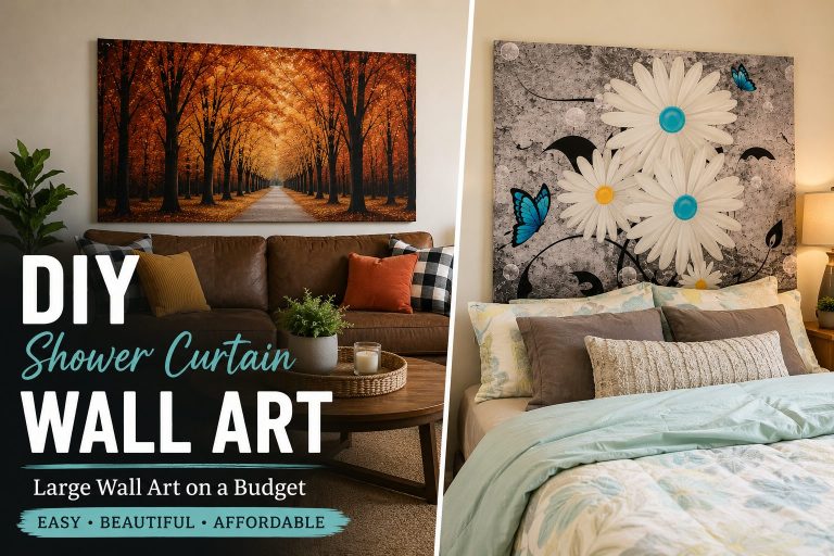 DIY shower curtain wall art featuring oversized DIY wall art made with a wooden frame and shower curtain in a living room and bedroom as a budget-friendly home decor project.