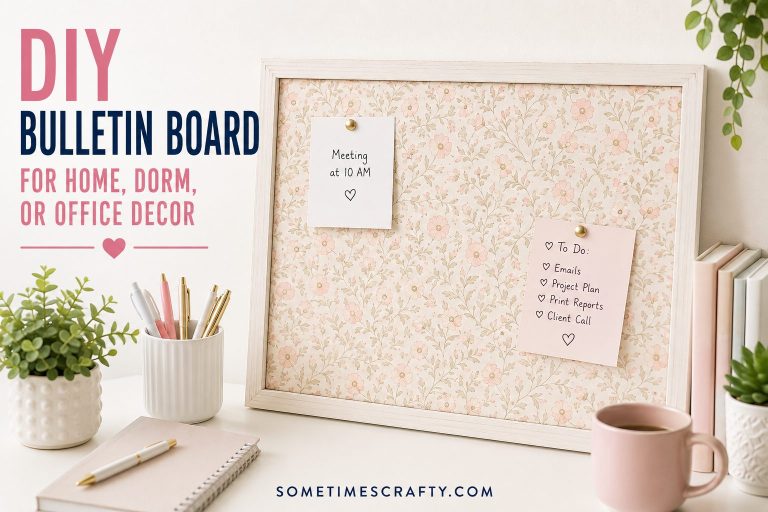 DIY floral bulletin board displayed on a clean white desk with pinned notes, perfect for home office organization, dorm decor, or workspace decorating.