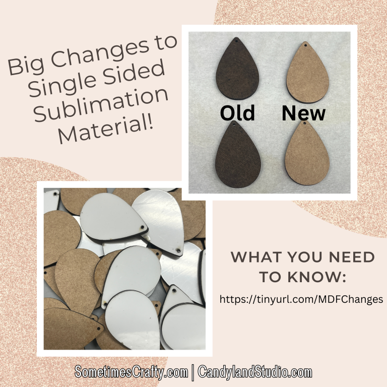 laser cut sublimation earring blanks - comparing the old UNISUB single sided sublimation material (dark brown hardboard backing) to the new material (light brown MDF backing), standard white top layer for sublimation.
