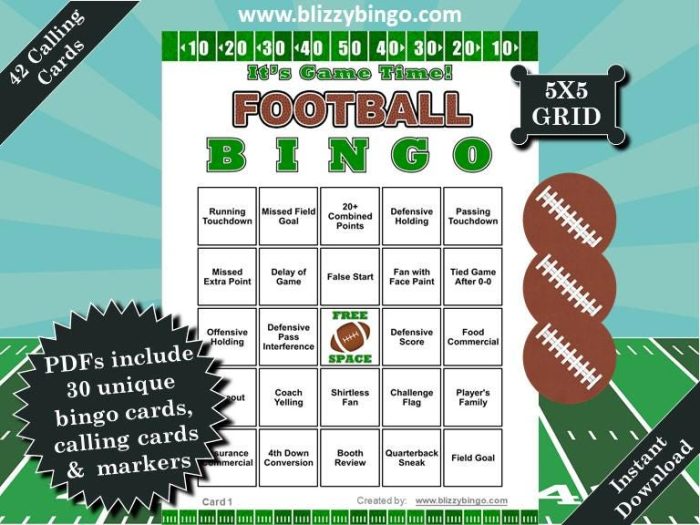 Etsy listing image for a printable football bingo game.