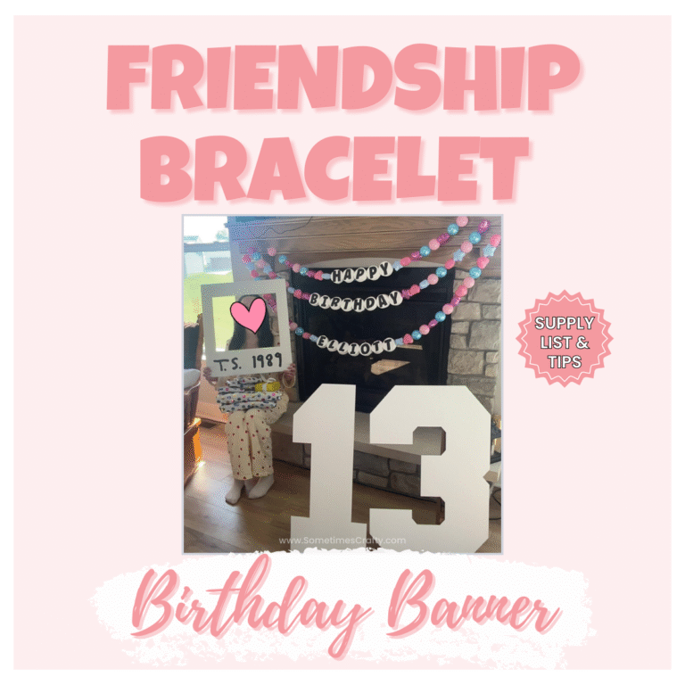 Foam frame of teen girl in front of DIY giant friendship bracelet birthday banner with pastel beads and foam letter discs hung across fireplace – perfect for a Swiftie-themed party. Large foam "13" number decor prop to the right.