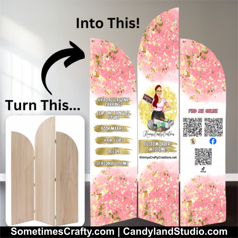 Inset photo of the blank Hobby Lobby Wood Arched Background Stand with a mockup of a custom vinyl wrapped version
