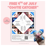 Free printable 4th of July cootie catcher featuring red, white, and blue design with jokes, trivia, and dares
