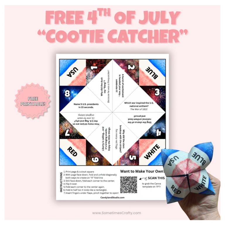 Free printable 4th of July cootie catcher featuring red, white, and blue design with jokes, trivia, and dares