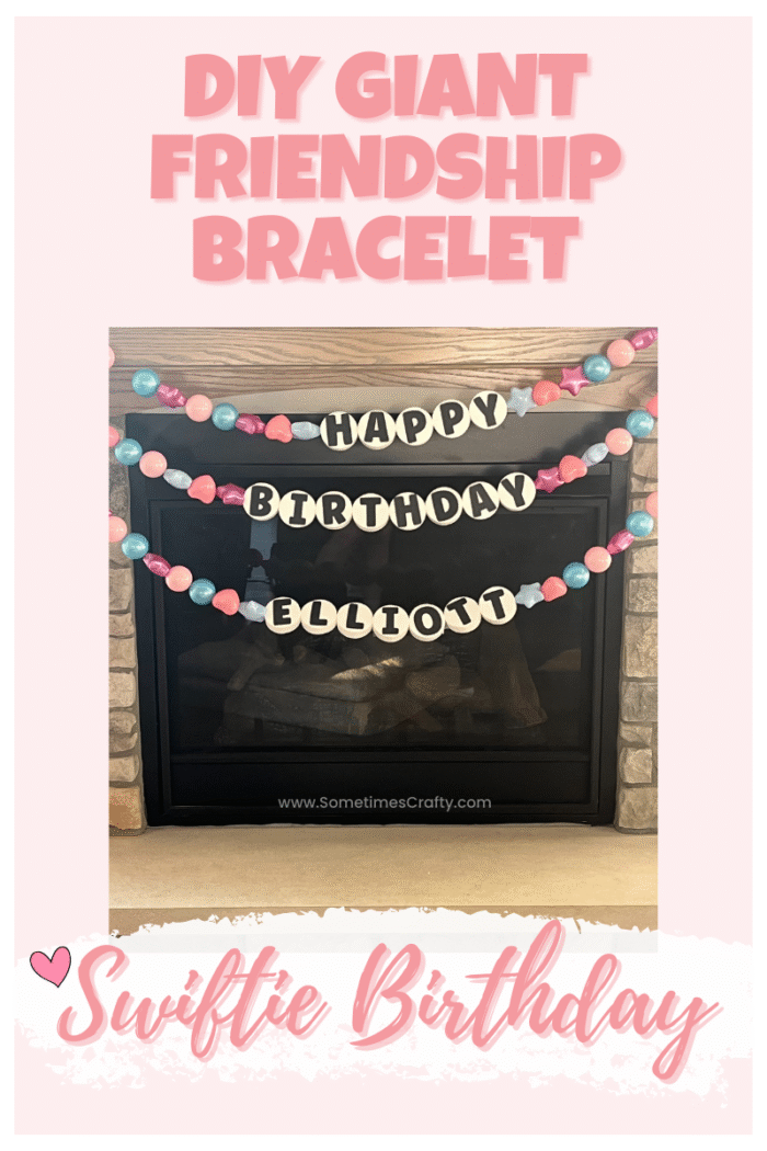DIY giant friendship bracelet birthday banner with pastel beads and foam letter discs hung across fireplace – perfect for a Swiftie-themed party.