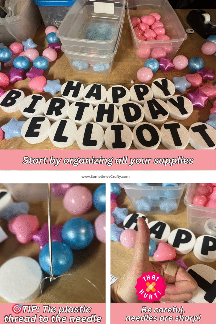 Collage showing supplies to make a DIY friendship bracelet birthday banner using plastic beads, elastic, and foam letter circles.