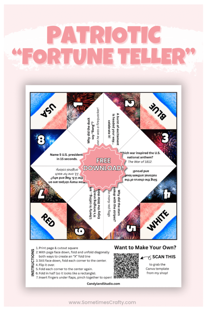 Patriotic cootie catcher (aka chatterbox or fortune teller) printable with red, white, and blue colors for Independence Day activities