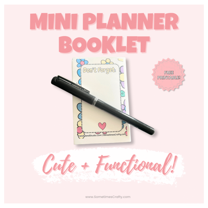 Back side view of a printable mini planner booklet showing "Don't Forget" page with space for notes. Pen resting across the center.