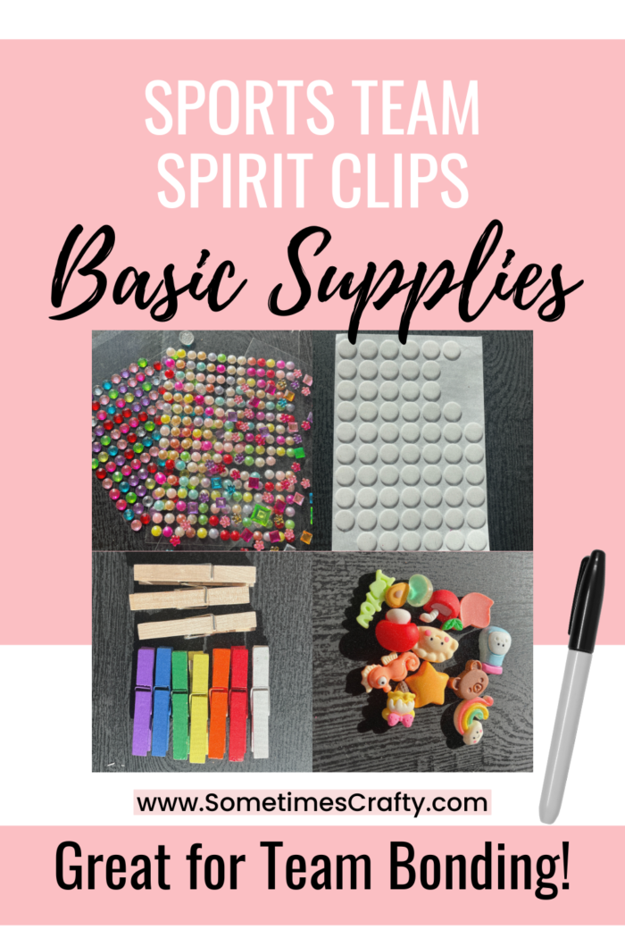 Photo of basic supplies for sports team spirit clips including rhinestones, glue dots, clothespins, and mini charms