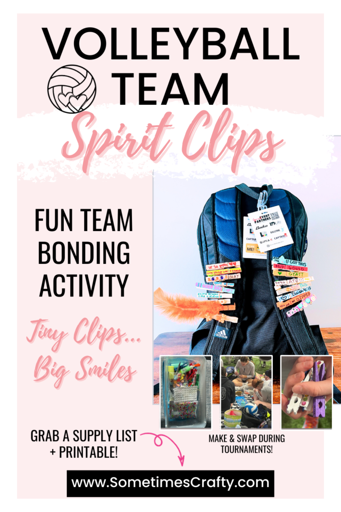 Pinterest image showing volleyball spirit clips DIY craft idea with printable encouragement tags for teams