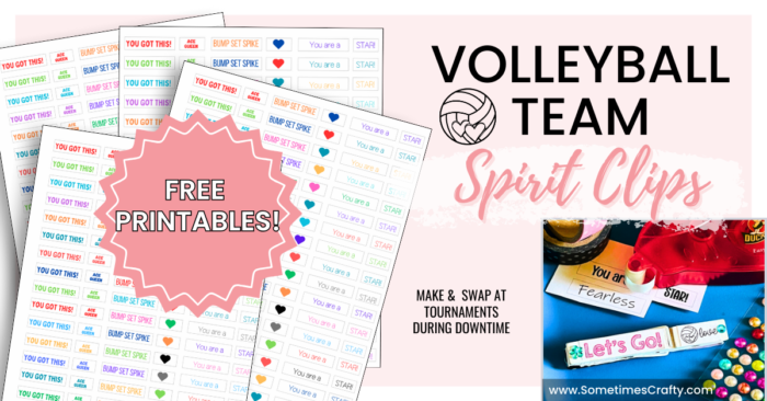 Graphic promoting Volleyball Team Spirit Clips with free printable strips, motivational sayings, and images of colorful clips and tape.